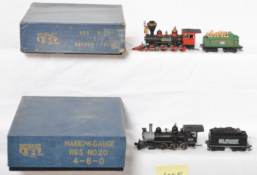 Two United Scale Models RGS Narrow Ga. steam in OB: Postwar United Scale Models HO gauge brass RGS narrow gauge steam locomotives in original boxes, two No. 20 4-6-0 steam locomotives and tenders. One is decorated as RGS No. 20 and the other is decorat