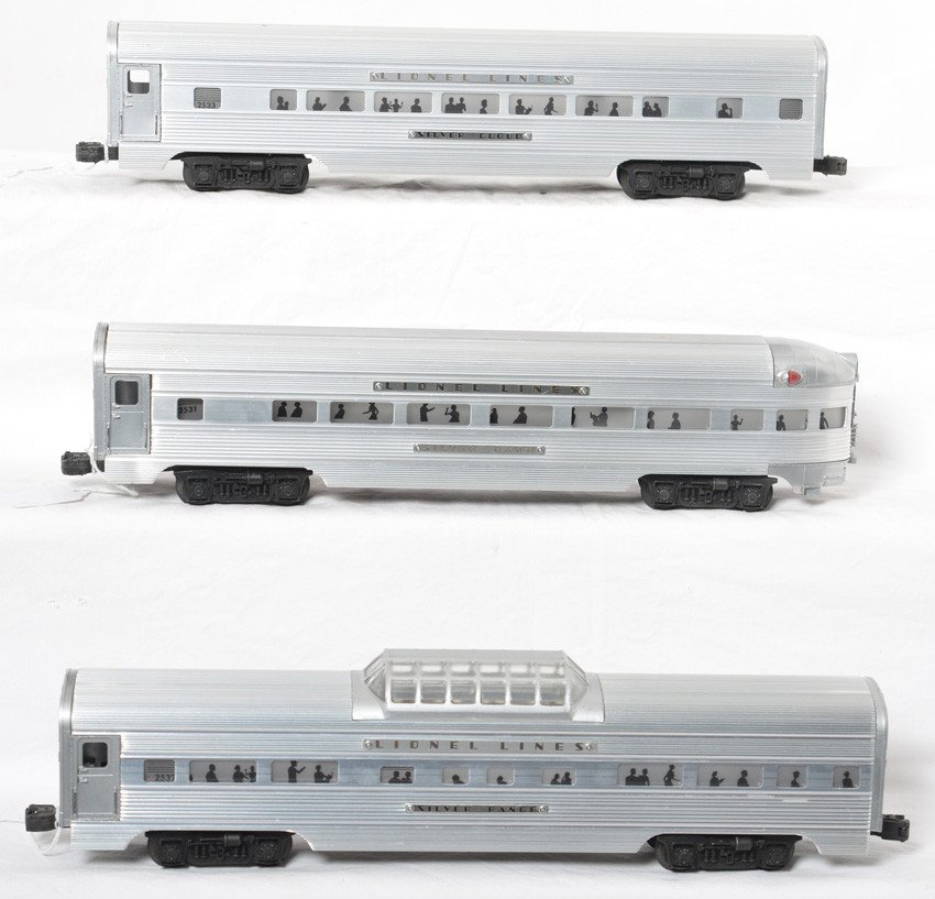 Lionel 2531, 2532, 2533 aluminum passenger cars: Postwar Lionel O gauge aluminum passenger cars. 2531 Silver Dawn observation, 2532 Silver Range vista dome, and 2533 Silver Cloud Pullman, trains have matching hex head rivets. 2531 has a pea sized to
