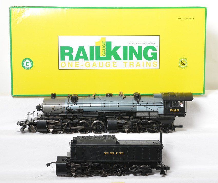 RailKing 70-3022-1 Erie 2-8-8-8-2 Triplex steam in OB: Modern era RailKing One-Gauge/1 gauge 70-3022 Erie 2-8-8-8-2 Triplex steam locomotive and tender in original box, C8 lightly run. Box shows no wear, in shipper.
