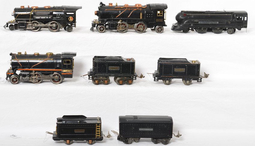 Lionel 258, 257T, 259, tender, 262E, 262T, 1688, 1689T: Prewar Lionel O gauge steam locomotives and tenders, C6. 258, 257T, 259, unnumbered tender (glued on trim), 262E, 262T, 1688, and 1689T.
