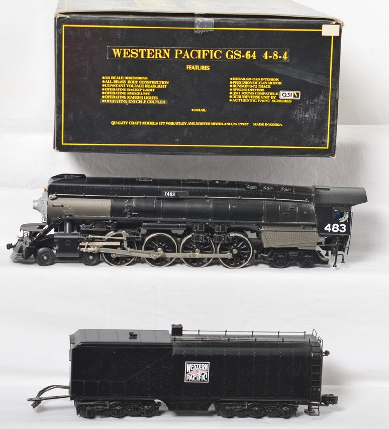 Weaver Western Pacific GS-64 steam locomotive: Weaver modern O gauge brass Western Pacific GS-64 steam locomotive in OB. Loco also features can motor, smoke, constant voltage lighting, etc. Loco is C8 with run time and will need new traction tires
