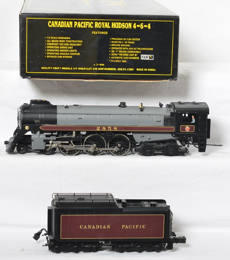 Weaver Canadian Pacific Royal Hudson 2858: Weaver modern O gauge brass Canadian Pacific Royal Hudson steam locomotive in OB. Loco features smoke, constant voltage lights, can motor, and more. Loco is C8 with run time and shelf dust, OB has som