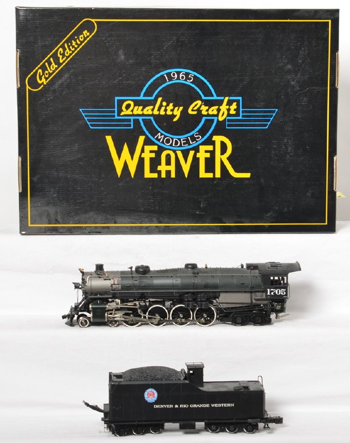 Weaver Rio Grande M-64 steam locomotive with sound: Weaver modern O gauge M-64 4-8-4 steam locomotive in OB. Loco is G1097LP with smoke, sound, constant voltage lights and more. Loco is C8 with shelf dust, however tri color logo decal on tender has som