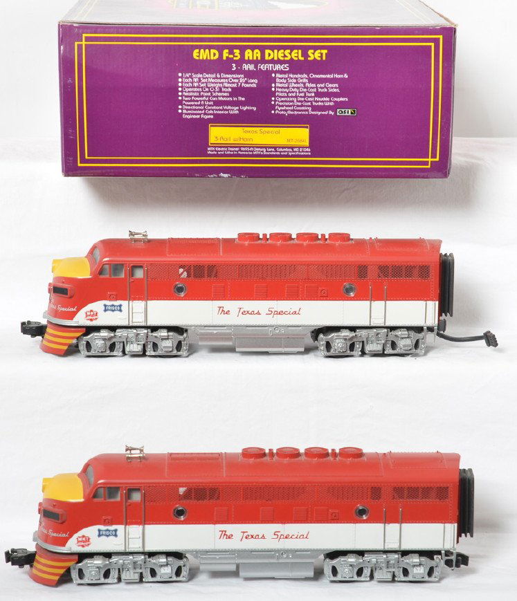 MTH Texas Special A-B-A F-3 with Proto: MTH modern O gauge MT-2084L MKT Texas Special F-3 A-B-A set in OB. Loco features Protosound, Protocouplers, and more. Locos are C8-9 with light if any run time and shelf dust. Also included is MT-2092