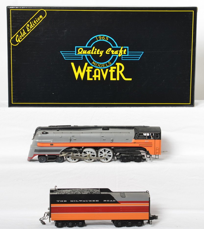 Weaver Milwaukee Road Hiawatha 4-6-4: Weaver modern O gauge Milwaukee Road Hiawatha 4-6-4 steam locomotive in OB. Catalog number is QC-1080L. Loco features brass construction, smoke, constant voltage lights and more. Loco is C8 with run t