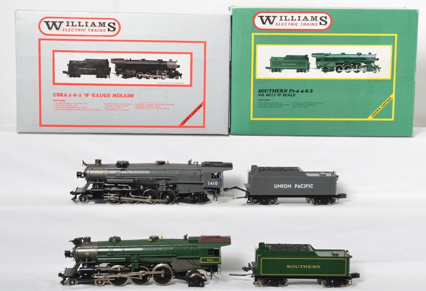 Weaver Southern PS-4 and Union Pacific Mikado: Weaver modern O gauge steam locomotive in OBs. Includes Southern 4-6-2 with broken bell, loose feed water heater, and spring on rear trailing truck needs replaced C7. 5103 Union Pacific 2-8-2 Mikado i