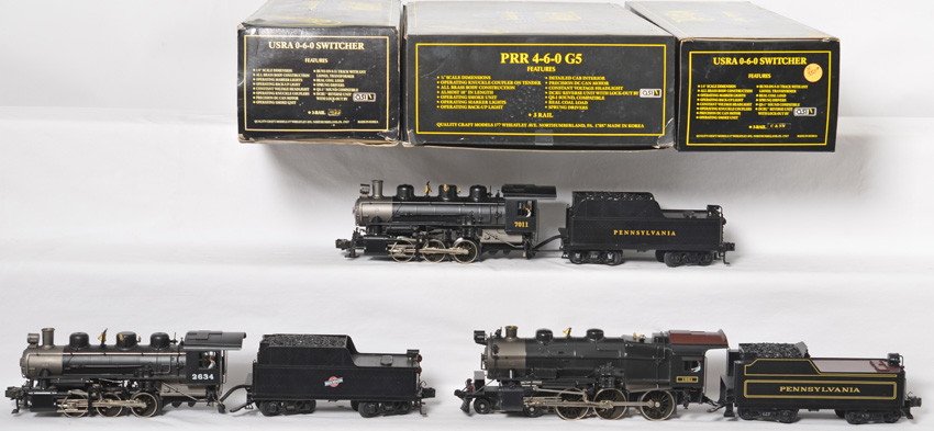 3 Weaver steam locomotives 0-6-0, 4-6-0, 0-6-0: Weaver modern O gauge steam locomotives in OBs. Three locos include Chicago and Northwestern 2634 USRA 0-6-0, 1961 Pennsylvania 4-6-0 G5, and Pennsylvania 7011 USRA 0-6-0. All three locos feature bras