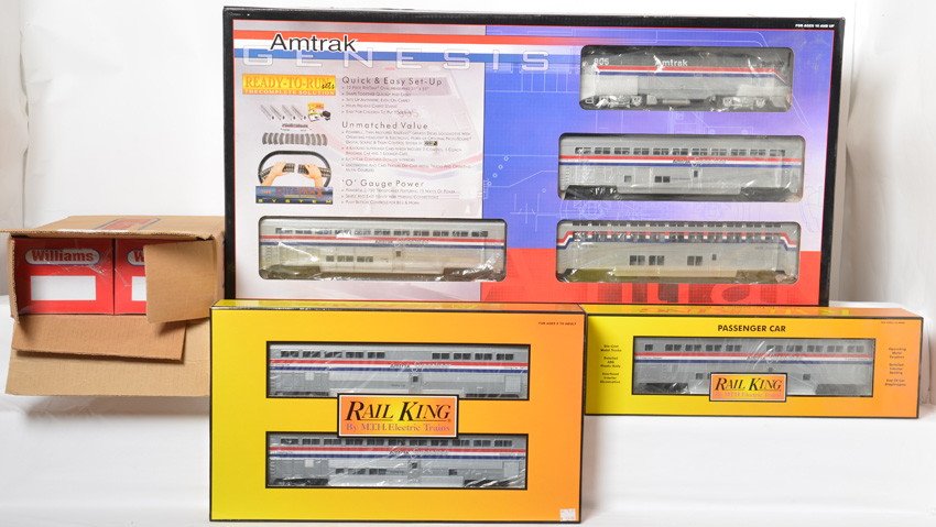 Railking and Williams Amtrak set and Metroliners: MTH Railking and Williams modern O gauge Amtrak trains in OBs. Includes 30-4018-0 Genesis set with horn, 30-6501 sleeper / diner add on, 30-6503 transitional sleeper, and Williams MET100 Metroliner pa