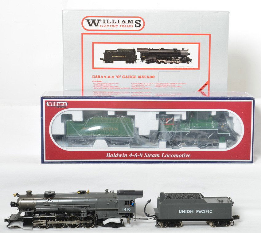Williams Union Pacific Mikado and Southern 4-6-0: Williams modern O gauge steam locomotives in OBs. Includes factory sealed 40601 Southern Baldwin 4-6-0 and 5103 brass Union Pacific 2-8-2 Mikado. Mikado is C8 with the exception of a slightly bent bel