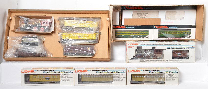 Lionel steam sets 11712, 1608, Rock Island and Peoria: Lionel O gauge train sets in OBs. Includes 11712 Great Lakes Express set, Rock Island and Peoria set including 8004, 9559, 9560, and 9561, and 1608 American Express exclusive General set. Sets are C7