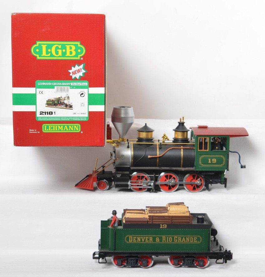 LGB 21181 D&RG 4-6-0 loco: LGB modern G scale 21181 Denver and Rio Grande 2-6-0 steam locomotive in OB. Loco features smoke, sound, lights, and more. C8 with light run time.