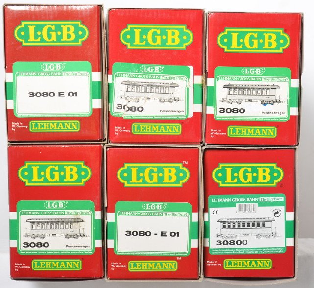 6 LGB 3080 Rio Grande passenger cars: LGB modern G scale Rio Grande passenger cars in OBs. Includes four yellow 3080 Denver Rio Grande and Western coaches and two 3080- E 01 green Denver Rio Grande and Western coaches. Cars are generally 