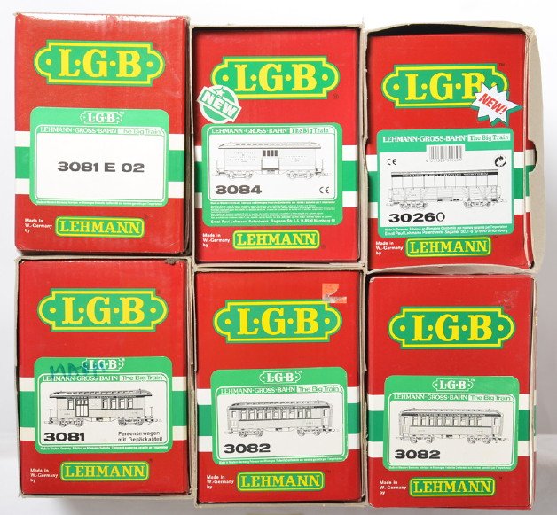6 LGB Rio Grande passenger cars 3026, 3082, 3081, etc: LGB modern G scale Rio Grande passenger cars in OBs. Six cars include two 3082 coaches, 3081 combine, 3081 E02 green combo car, 3084 baggage car, and 3026 open air car. Cars are generally C8.
