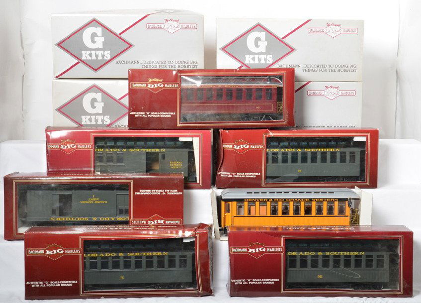 11 Bachmann and LGB passenger cars: Bachmann and LGB modern G scale passenger cars in OBs. Ten Bachmann cars include two 97291 Colorado and Southern coaches, 97302 Santa Fe observation, Colorado and Southern 902 coach, 97491 Colorado an