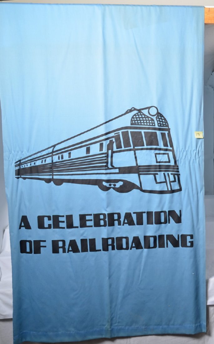 Large Celebration of Railroading banner: Large cloth banner with the Burlington Zephyr and ñCelebration of Railroadingî printed on the bottom. An educated guess, I believe it came from the Museum of Science and Industry in Chicago from the
