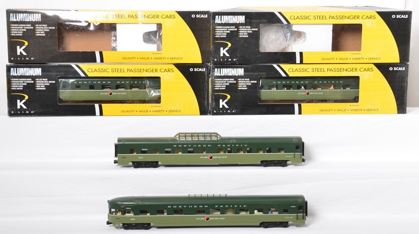 K Line Northern Pacific 21Í four pack passenger: K Line modern O gauge 21 inch passenger cars in OBs. Northern Pacific North Coast Limited set in OBs. Four car set includes K4650-40004 483 observation, 40003 313 dome sleeper, 40005 457 diner, and 40