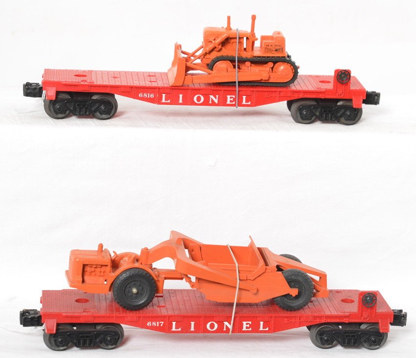 Lionel 6816 w/dozer and 6817 w/scraper, original PW!: Postwar Lionel O gauge 6816 flatcar with Allis Chalmers crawler tractor with non-blackened Allis-Chalmers on hood, HD 16 heat stamped and with drawbar holes. Flatcar has surface rust on rivets, C6. Cr