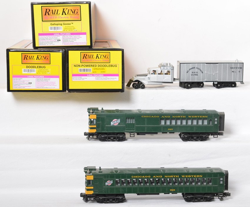 Railking C&NW Doodle Bug and Rio Grande galloping goose: MTH Railking modern O gauge 30-2159-1 and 30-2159-3 Chicago and Northwestern doodlebug with Protosounds and Protocouplers in the powered unit. Also included is 30-2154-1 Rio Grande Galloping Goose wit