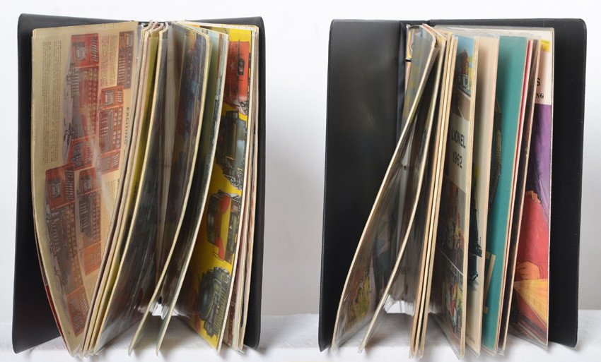 Lionel postwar catalogs, 1946-1969: Postwar Lionel consumer catalogs dating 1946 to 1969. Some have tape repairs to spines. Most catalogs look C8 to C10. Nice grouping in two three ring binders.