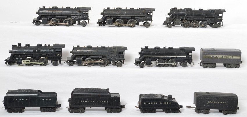 Lionel 204, 204, 237, 1060, 1684, 2026, five tenders: Postwar Lionel O gauge steam locomotives and tenders, C6 area. Two 204, 237, 1060, 1684, and 2026 steam locomotives. 221-T NYC tinplate, 1689T Lionel Lines tinplate, unnumbered streamline, 6466WX whis
