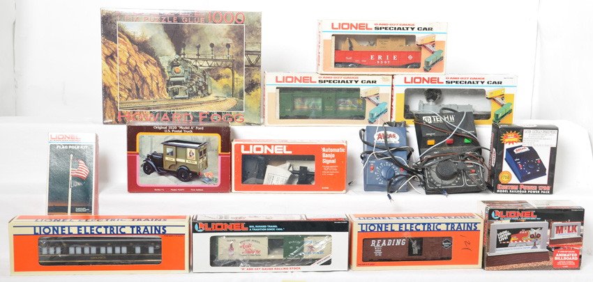 Lionel cars, accessories, Korber JCL, and more: Lionel modern O gauge and more. Lionel includes 9307 animated gondola, 9308 aquarium car, 6529 New York Central searchlight, 16805 Anheuser Busch reefer, 2140 banjo signal, 12809 animated billboard, 9