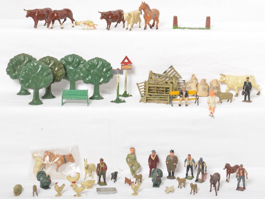 Manoil, Britains, John Hill Co., hollow cast,: Manoil, Barclay, John Hill Co., Britains, and other manufacturers of hollow cast, composition (masse), and plastic trees, animals, signs, people, etc. Several figures have a moveable arm. Figures rang