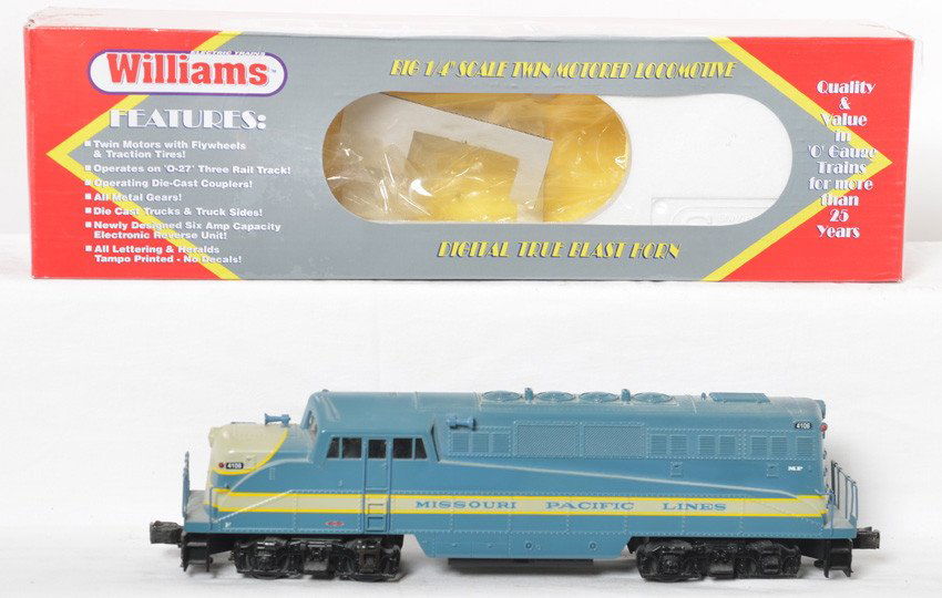 Williams Missouri Pacific BL-2: Williams modern O gauge BL2-311 BL-2 Missouri Pacific diesel locomotive in OB. Loco features True Blast II horn and bell. C8 with run time and shelf dust.