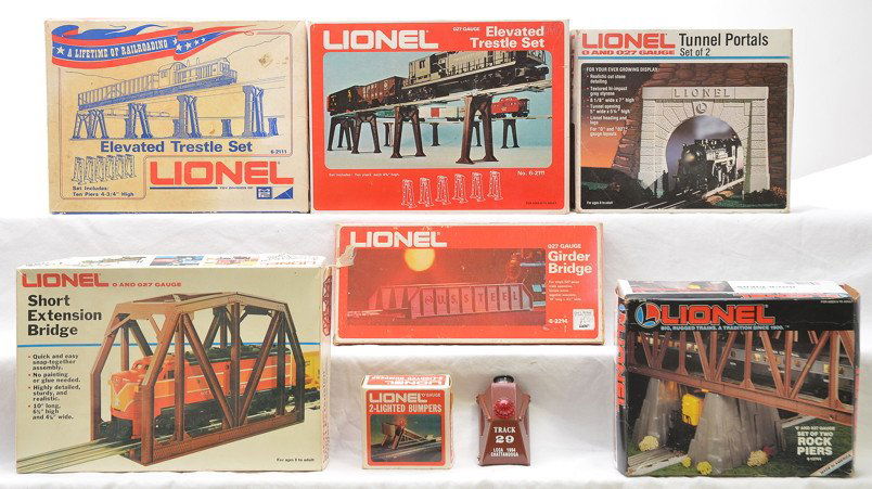 Lionel 2111 2111 2113 2214 2283 2290 2717 12744: Lionel accessories including; two 2111 elevated trestle sets, 2113 set of two tunnel portals, 2214 girder bridge, 2283 bumper, 2290 two lighted bumpers, 2717 short extension bridge and a 12744 set of