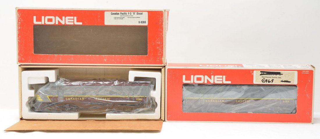 Lionel 8366 CP F3 A 8469 CP F3 B Units OBs: Lionel 8366 Canadian Pacific F3 A power diesel unit and an 8469 Canadian Pacific F3 B dummy unit both in OBs. One truck on the B unit has corrosion, otherwise both units are C8.