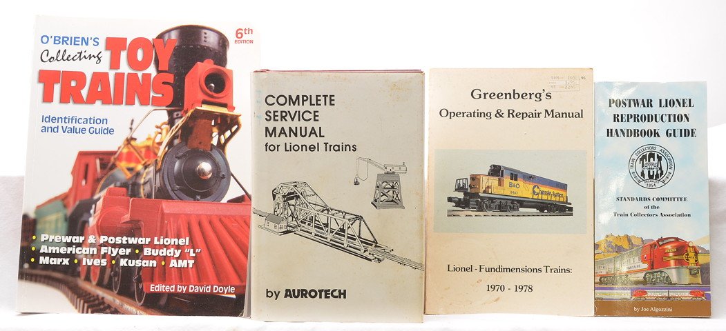 Selection of Train Reference Books: Selection of train reference books including; OBriens Collecting Toy Trains Identification and Value Guide 6th Edition by David Doyle, Complete Service Manual for Lionel Trains by Autotech, Greenbergs