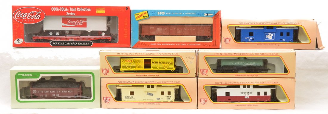 Selection of HO Gauge Freight Cars Boxed: International Hobby Corp. IHC HO gauge selection of freight cars, Lindbergs HO freight car, Athearn Coca-Cola freight car and a Bev-Bel HO freight car all in OBs, C9.