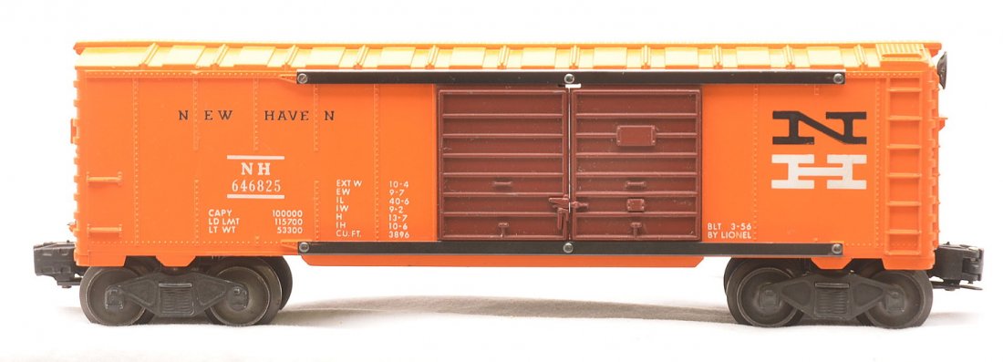 Lionel 6468-25 NH Double Door Boxcar: Lionel postwar 6468-25 New Haven boxcar, the harder to find version with double Tuscan painted doors, C8.