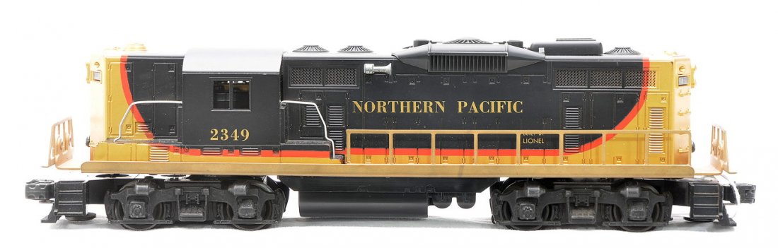 Lionel Postwar 2349 Northern Pacific GP9 Diesel: Lionel postwar 2349 Northern Pacific GP9 diesel. The frame has been repainted and the cab shell is C8.