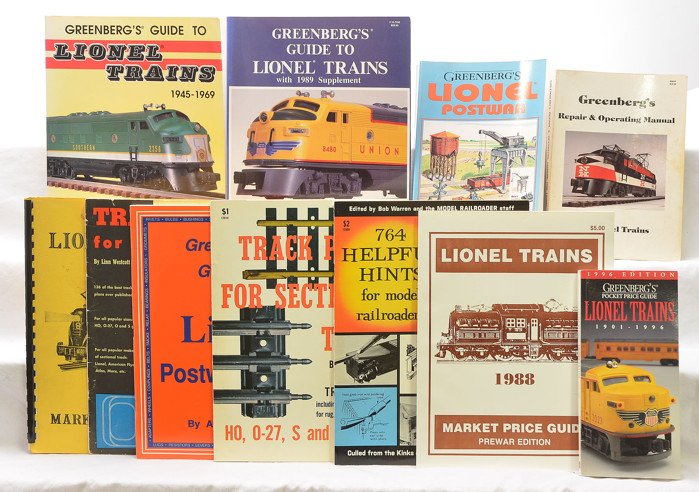 Selection of Train Reference Books Price Guides: Selection of train reference books and price guides including; Greenbergs Lionel Postwar Operating Instructions with Layout Plans, Track Plans for Model Trains by Linn Westcott, Greenbergs Repair & Op