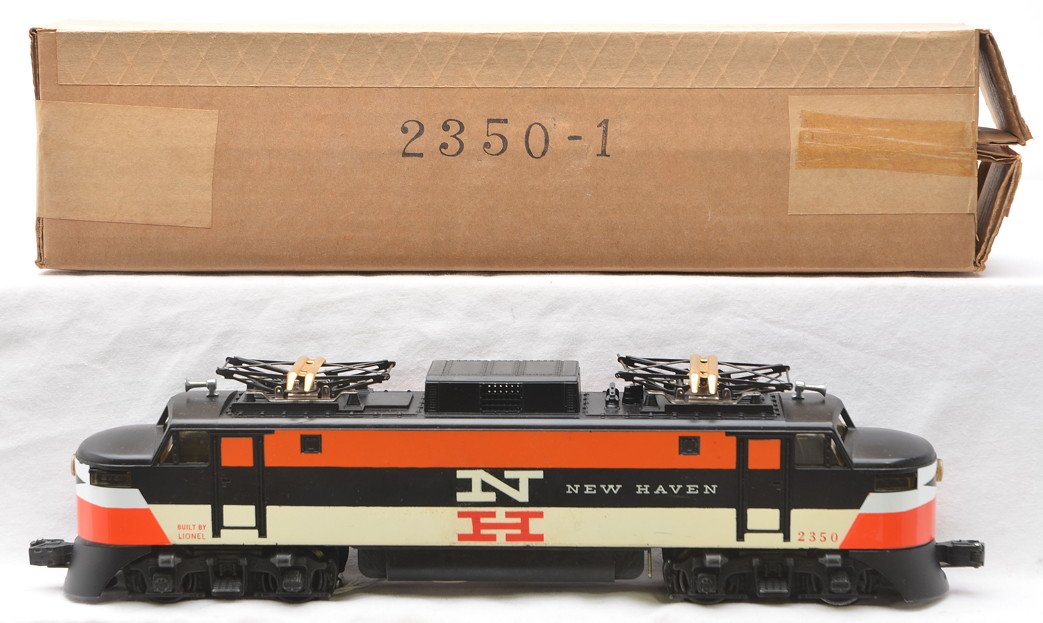 Lionel 2350 New Haven EP-5 Electric Loco: Lionel postwar 2350 New Haven EP-5 electric loco with reproduction nose decals in a reproduction box. The loco has a white N over an orange H. Other than replacement decals, rest of loco is C8.
