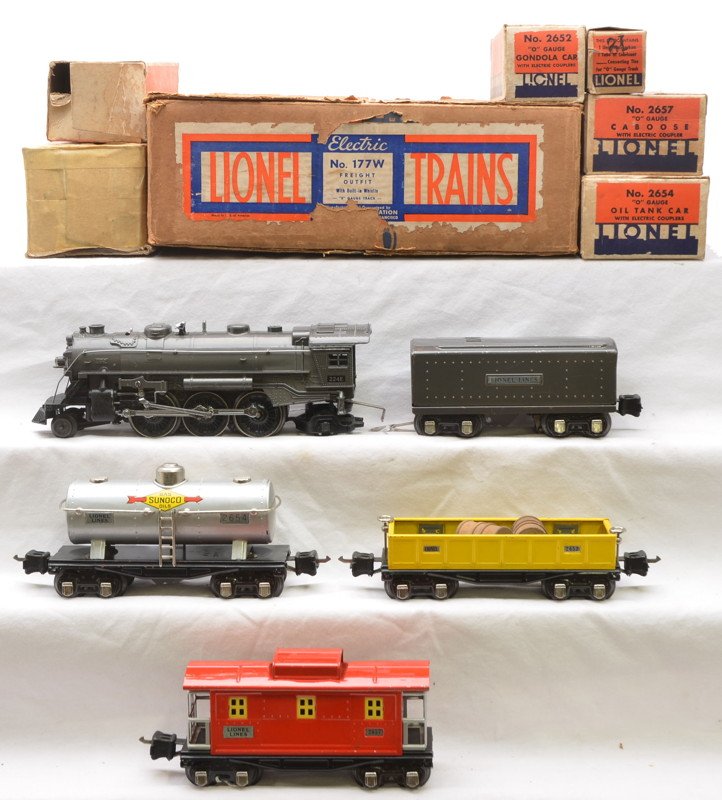 Lionel Set no. 177W 224E 2689W 2652 2654 2657: Lionel prewar O gauge freight set no. 177W, circa 1938 in individual OBs and set box containing; 224E die cast gunmetal 2-6-2 steam loco, 2689W sheet metal tender, 2652 yellow gondola, 2654 silver Sun