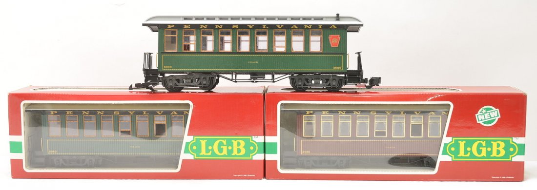 LGB Pennsylvania Pass Cars 3280 2-3080E01: LGB G scale Pennsylvania passenger cars including; 3280 coach and two 3080E01 coaches all in OBs except for one of the 3080 coaches. The cars in the boxes are C9-10. The car without a box is C9.