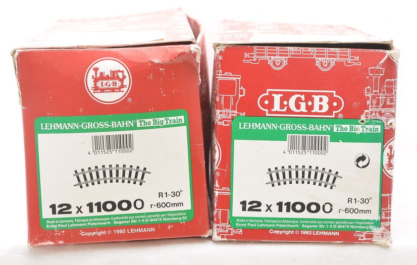LGB 2-Boxes of 12X1000 O Curve Track Sections: LGB G scale two boxes of 12X1100 O 600mm curve track sections. Track should clean to C8.
