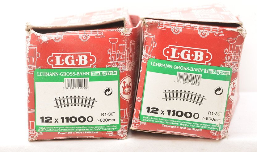 LGB two 12X1100O Curve Track Sections LN: LGB G scale two 12X1100O curve track sections in worn OBs. Track should clean to C8.