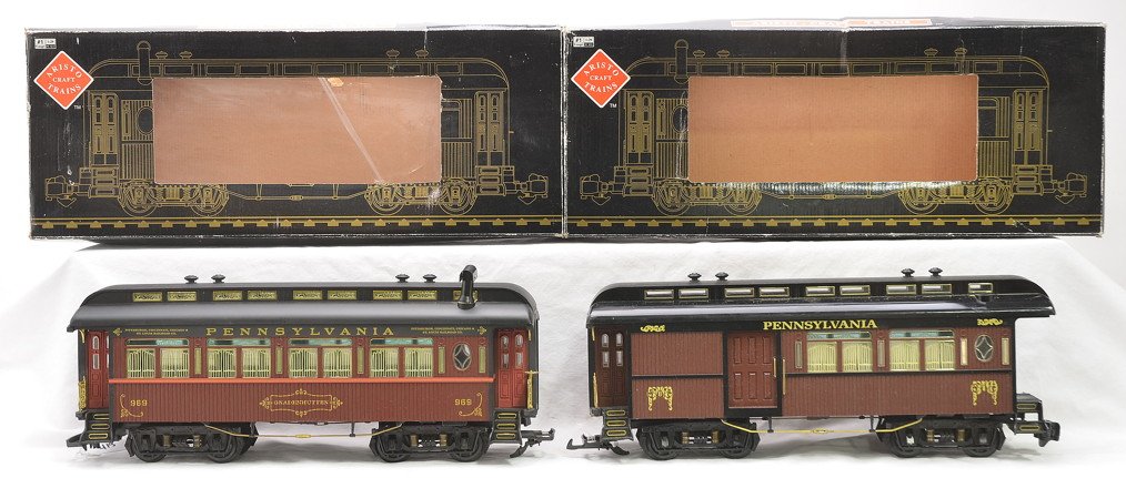 Artisto Craft two ART-31001 PRR Pass Cars OBs: Aristo Craft Trains 1 gauge 1/29 scale two ART-31001 Pennsylvania passenger cars; baggage/coach and coach both in OBs, C8.