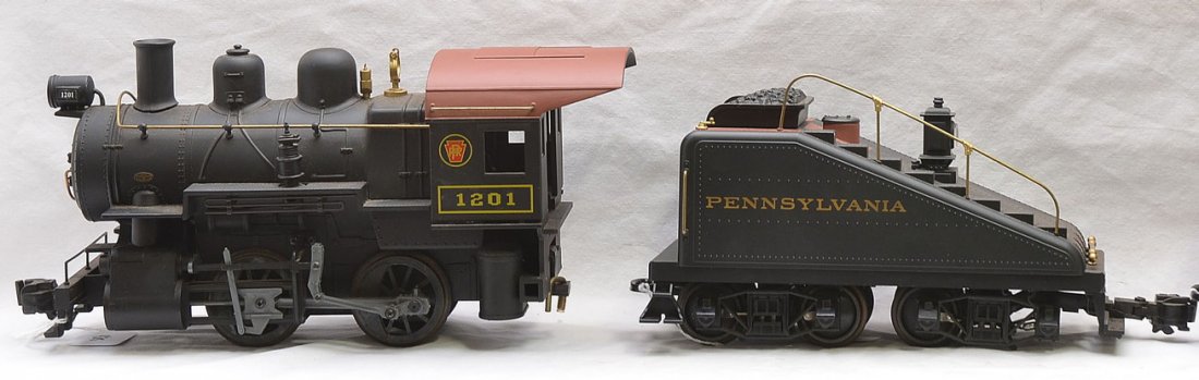 Aristo Craft PRR Loco 1201 ART-21001 Tender: Aristo Craft Trains 1 gauge 1/29 scale Pennsylvania 0-4-0 steam loco numbered 1201 missing the bell and an ART-21001 slope-back tender missing one set of wheels. Loco and tender are C7.