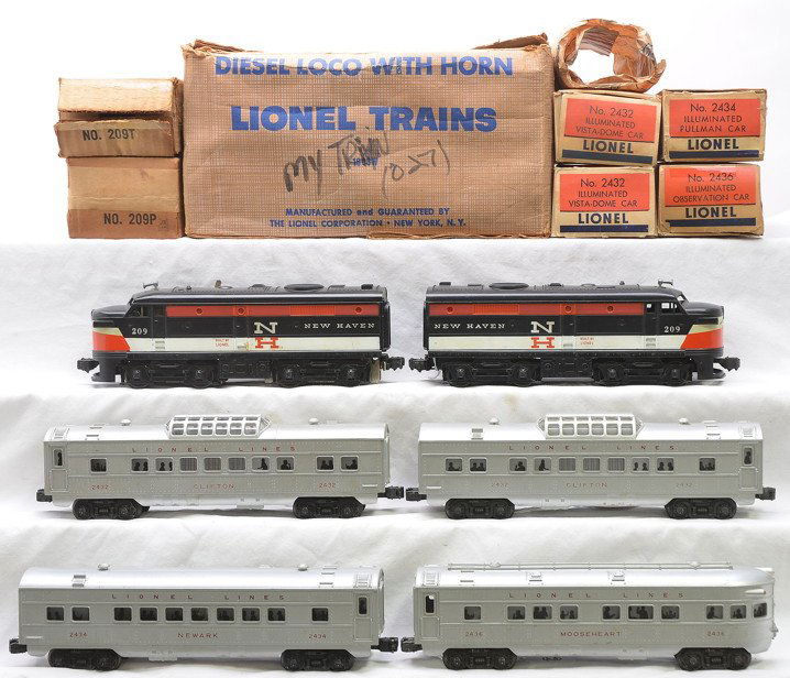 Lionel Merchants Limited Pass Set no. 1608W: Lionel postwar Merchants Limited passenger set no. 1608W, circa 1958 in individual OBs and set box containing; 209P/T Hew Haven Alco AA diesel units, two 2432 Clifton vista domes, 2434 Newark Pullman