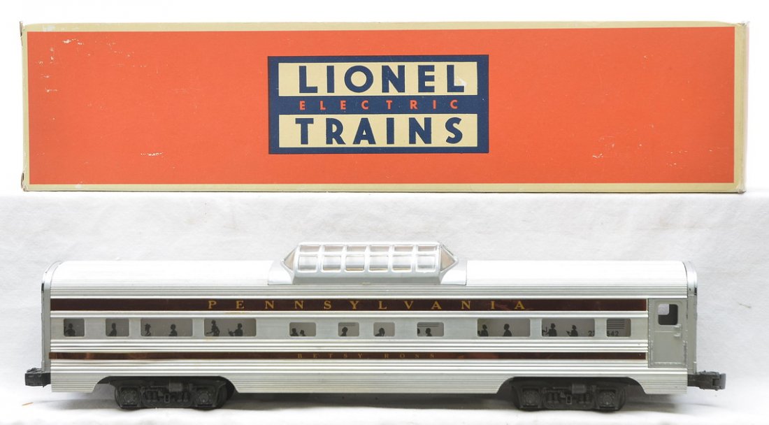 Lionel 2542 PRR Betsy Ross Vista Dome: Lionel postwar 2542 aluminum Pennsylvania Betsy Ross vista dome in reproduction box. The car is missing a stripe on one side under the window, otherwise car is C7.