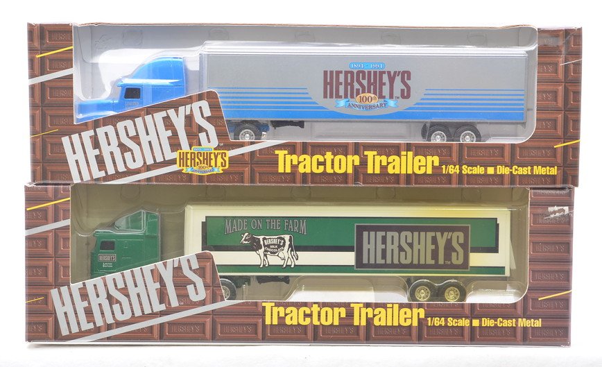 Ertl Die-Cast Hersheys Tractor Trailers MINT OBs: Ertl die-cast 1/64 scale 1994 Hersheys 100th Anniversary tractor trailer and a Hersheys Made on the Farm tractor trailer both factory new in OBs, C10.
