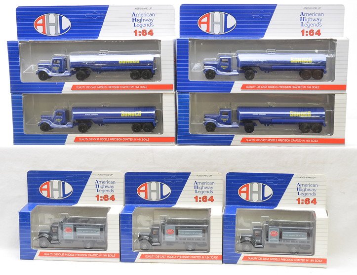 AHL by Hartoy 3-L01024 4 L53303 MINT OBs: American Highway Legends by Hartoy, Inc. die-cast 1/64 scale vehicles including; three L01024 Mack Model BM and four L53303 Peterbilt 260 factory new in OBs, C10.