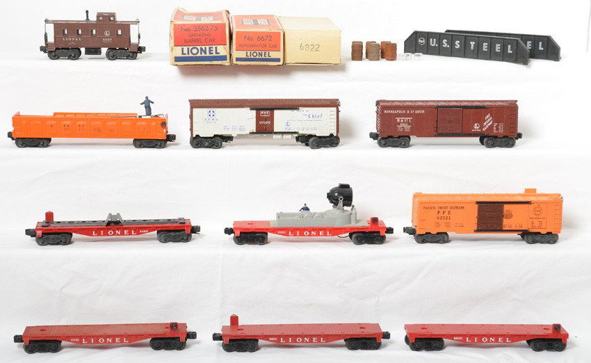 Lionel 3562-75, 6672, 6464-50, 6352, 6822, 3460, more: Postwar Lionel O gauge 3562-75 ATSF barrel car, 6672 SFRD reefer, 6464-50 M.&St.L. boxcar, 6352 PFE ice car, 6822 track maintenance, 3460 trailer van flatcar, 6816 flat, 6800 flat, 6802 flat, and 6457