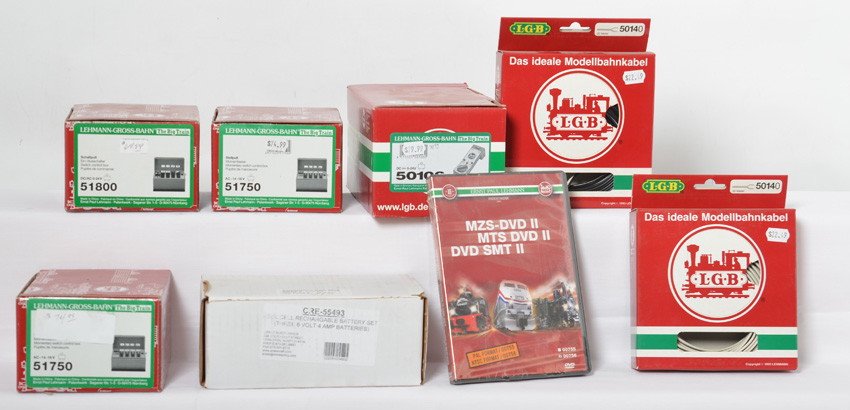 LGB and Crest G scale electronics, remote, batteries.: LGB and Crest modern G scale electronics. Items include 50106 remote control, four 51800 switch control boxes, two 5014 hookup wire bundles, four 55493 Crest 6V 4 AMP batteries, 55494 Crest battery ch