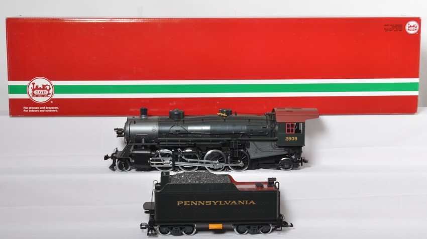 LGB 21872 Pennsylvania 2-8-2 steam locomotive: LGB modern G scale 21872 Pennsylvania 2-8-2 steam locomotive in OB. Loco features smoke, MTS digital control, and sound. Loco is C9 area with no major signs of run time. Detail parts are in the box. O