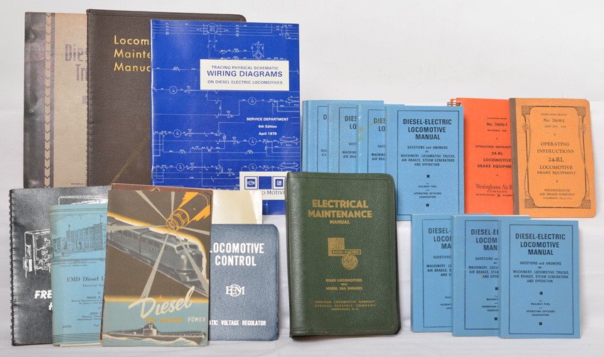 Group of Alco and EMD railroadiana: Group of EMD and Alco railroadiana. Includes Alco maintenance manual for 244 engine series, EMD wiring diagram trace booklet, Alco / GE 244 series electrical maintenance manual, EMD static voltage reg