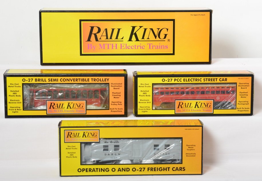 MTH RailKing Galloping Goose, two trollies, rotary: Modern era MTH RailKing 30-2154-1 Galloping Goose with Proto-Sound Cab #5, 30-2513-1 Pacific PCC Electric Street Car with Proto-Sound, 30-2512-1 Brill Semi Convertible Trolley w/Proto-Sound, 30-2123 D